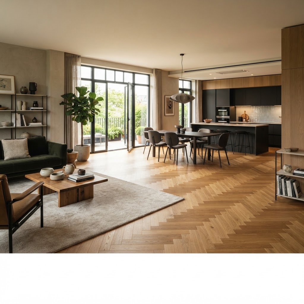 Herringbone-Boden ordnet Küche, Essplatz und Wohnbereich in einem offenen Grundriss