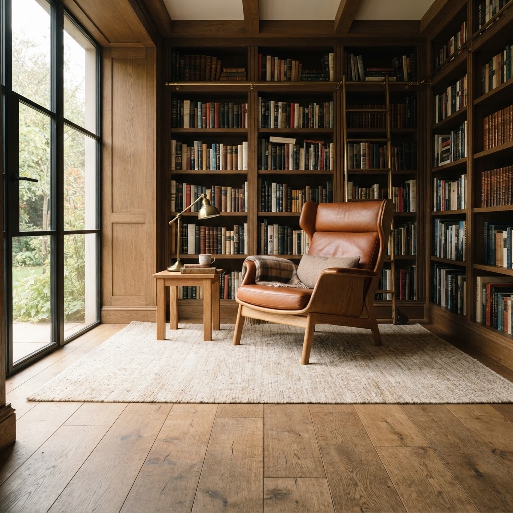 Lesesessel und Wollteppich auf einem warmen Holzboden in einer Bibliothek
