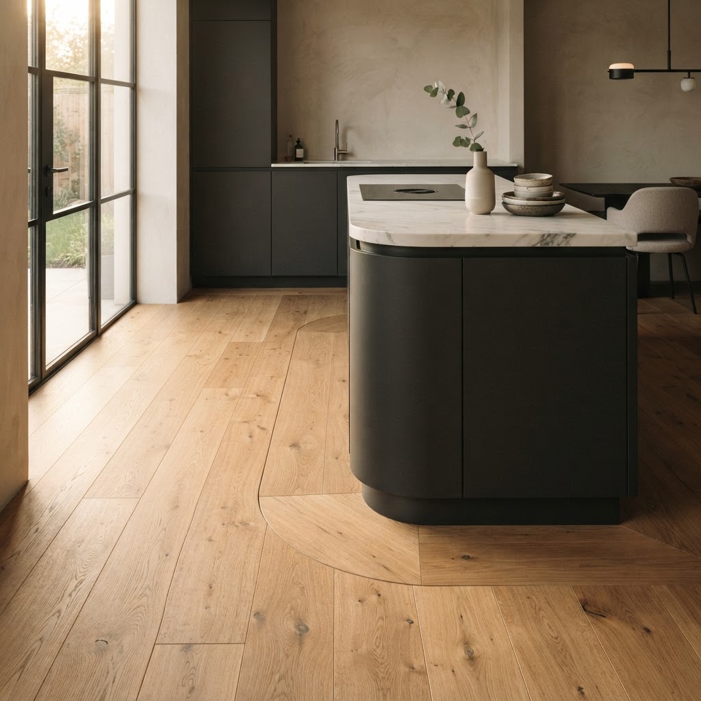 Natürlicher Holzboden läuft präzise um eine moderne Kücheninsel