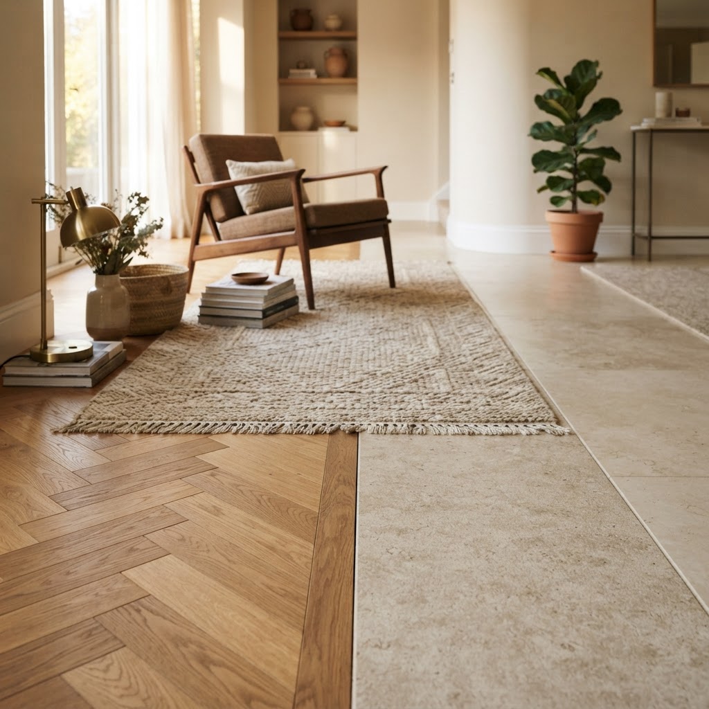 Materialkombination aus Holzboden, flach gewebtem Teppich und Stein