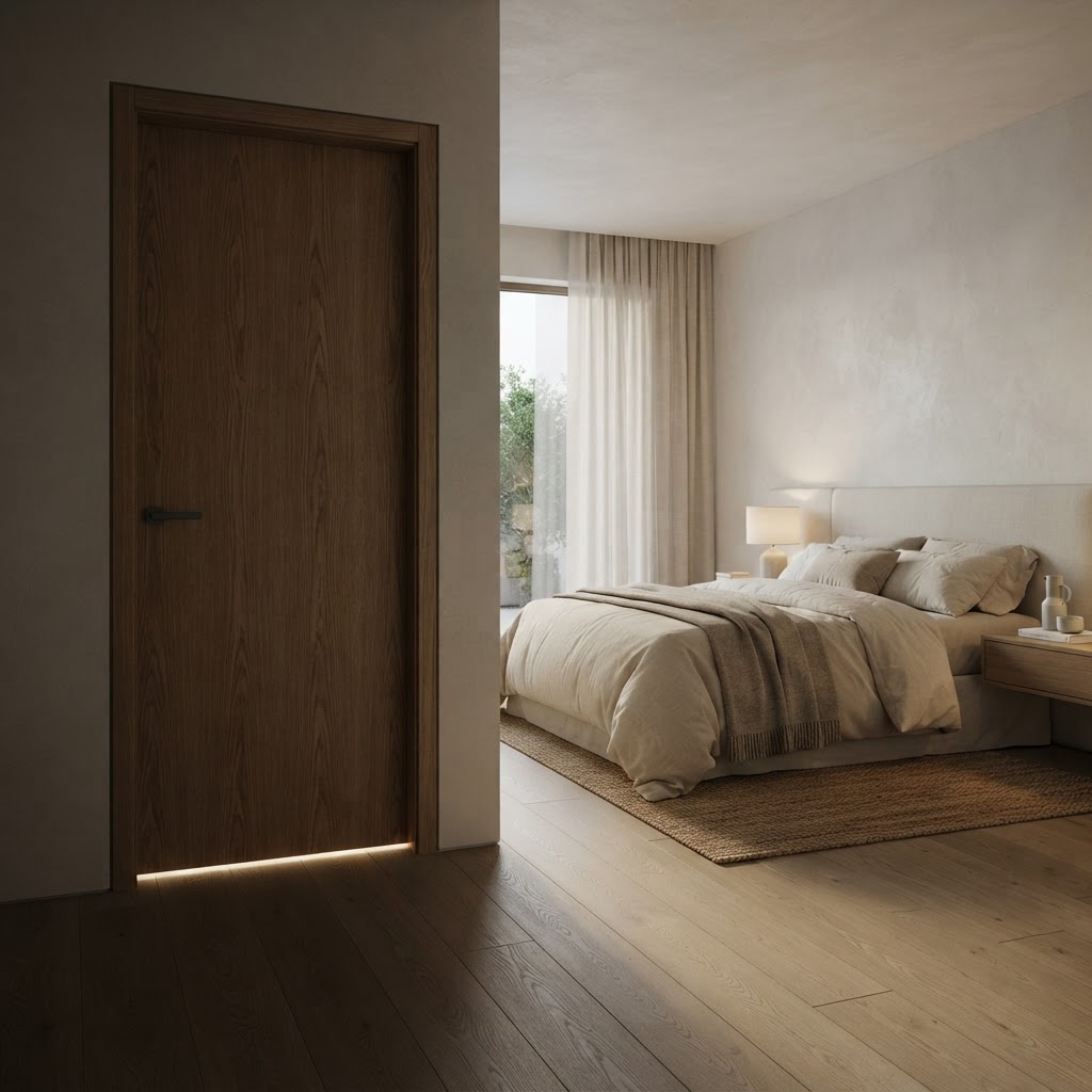Ruhiges Schlafzimmer mit natürlichem Holzboden, Holztür und warmem Licht unter dem Türblatt