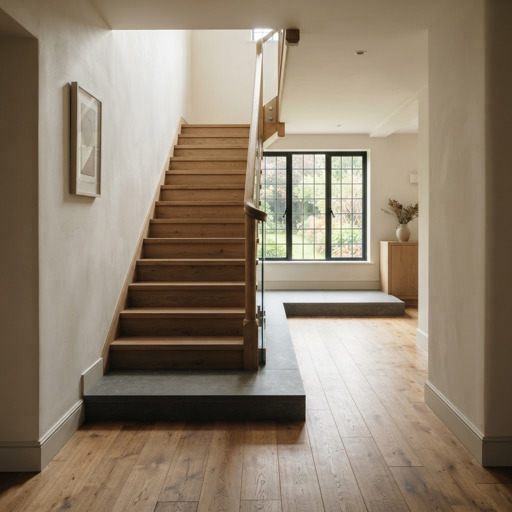 Durchdachter Übergang von Flur, Boden und Treppe mit Holz und Stein