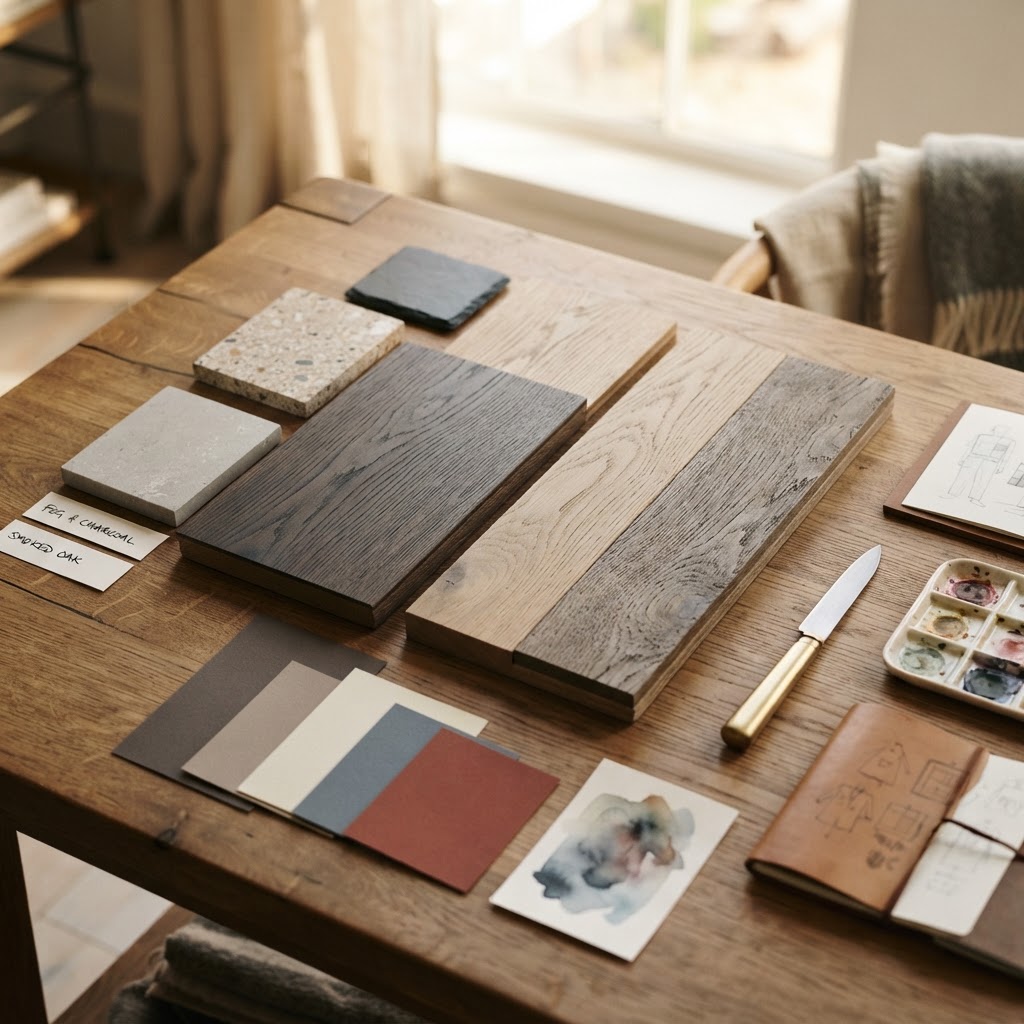 Material- und Farbmuster für die Abstimmung von Boden und Kunst