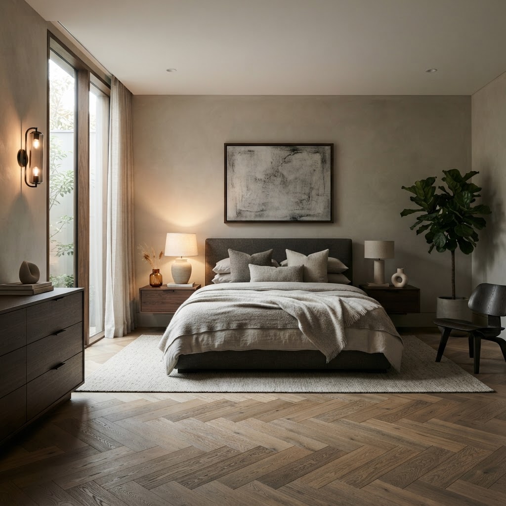 Ruhiges monochromes Schlafzimmer mit geräuchertem Eichenboden und warmem Licht