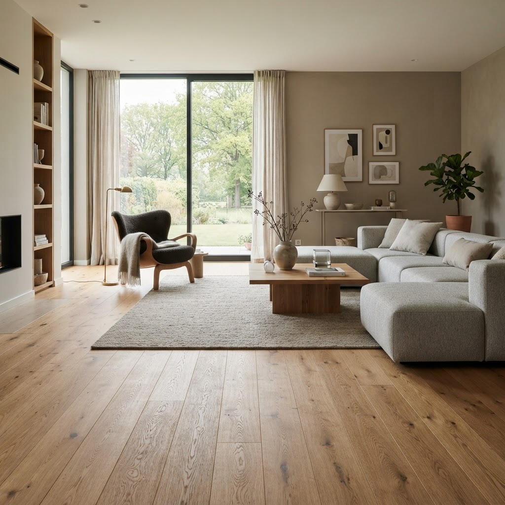 Wohnzimmer mit ausgewogenen Möbelproportionen auf warmem Holzboden