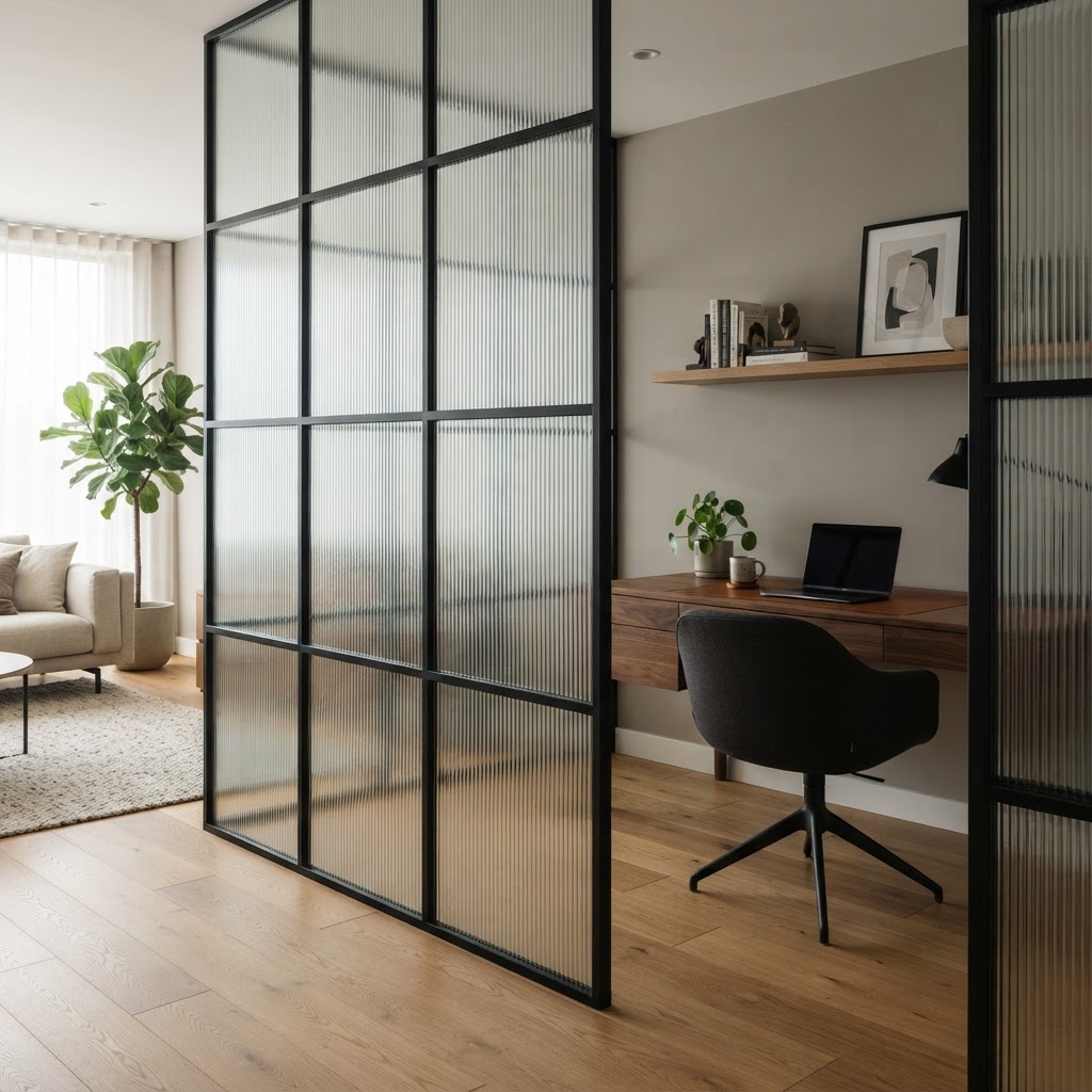 Kleine Arbeitszone mit geriffeltem Glas und schwarzem Rahmen über einem durchgehenden Holzboden