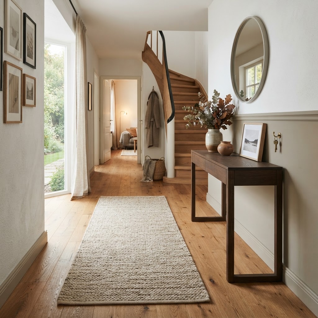Einladender Eingangsbereich mit natürlichem Eichenboden und harmonischen Details