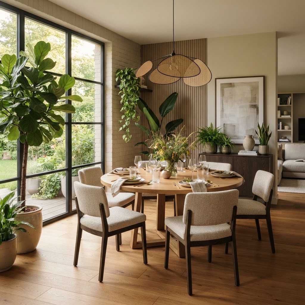 Biophiler Essbereich mit Holzboden, Pflanzen und warmem Tageslicht