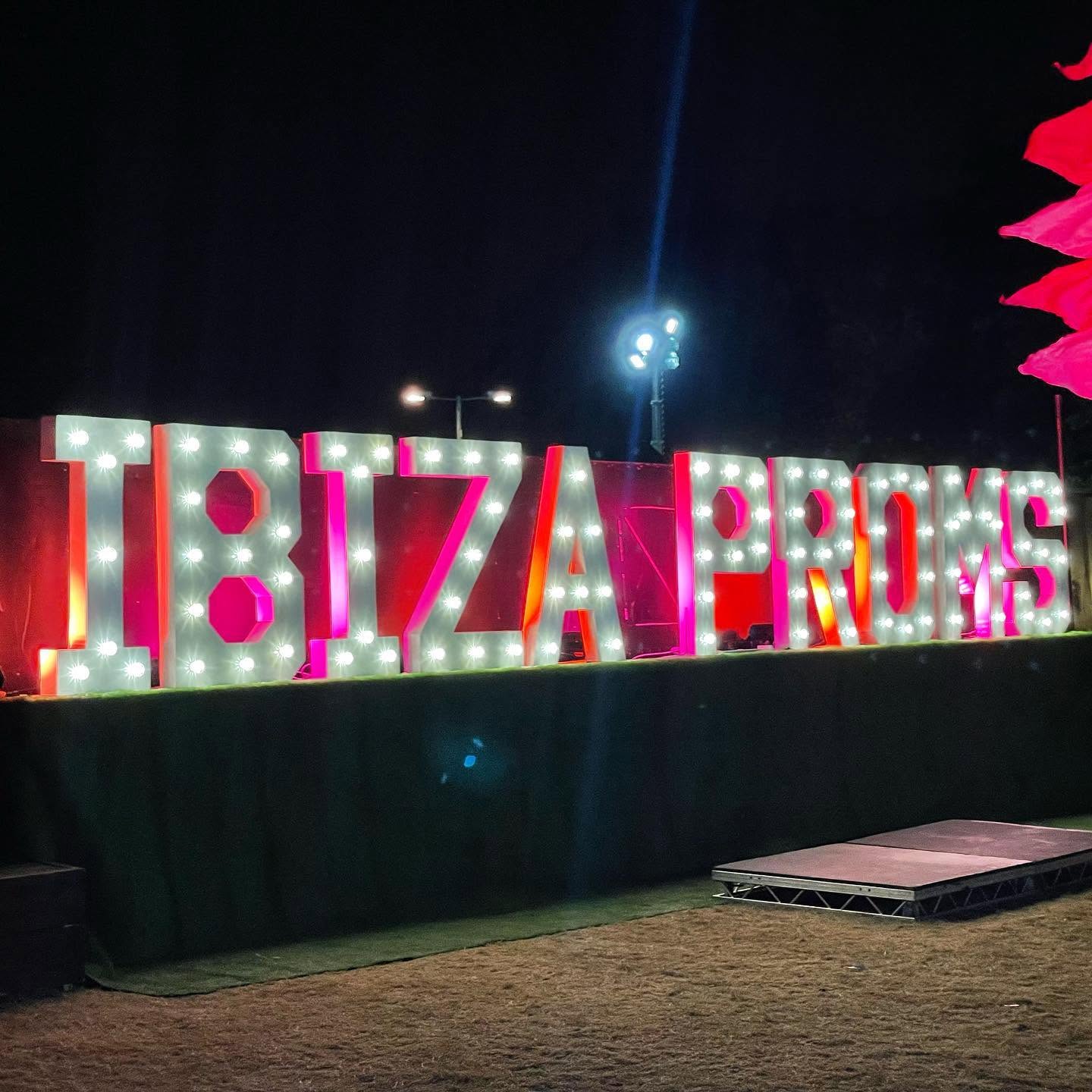 Ibiza Proms marquee letters lit up at night