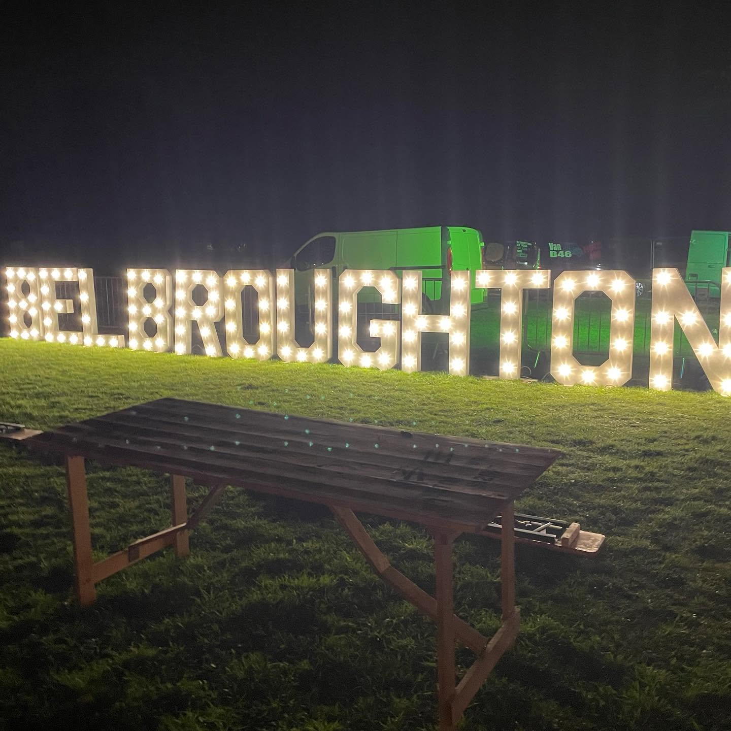 Belbroughton light-up marquee letters at night