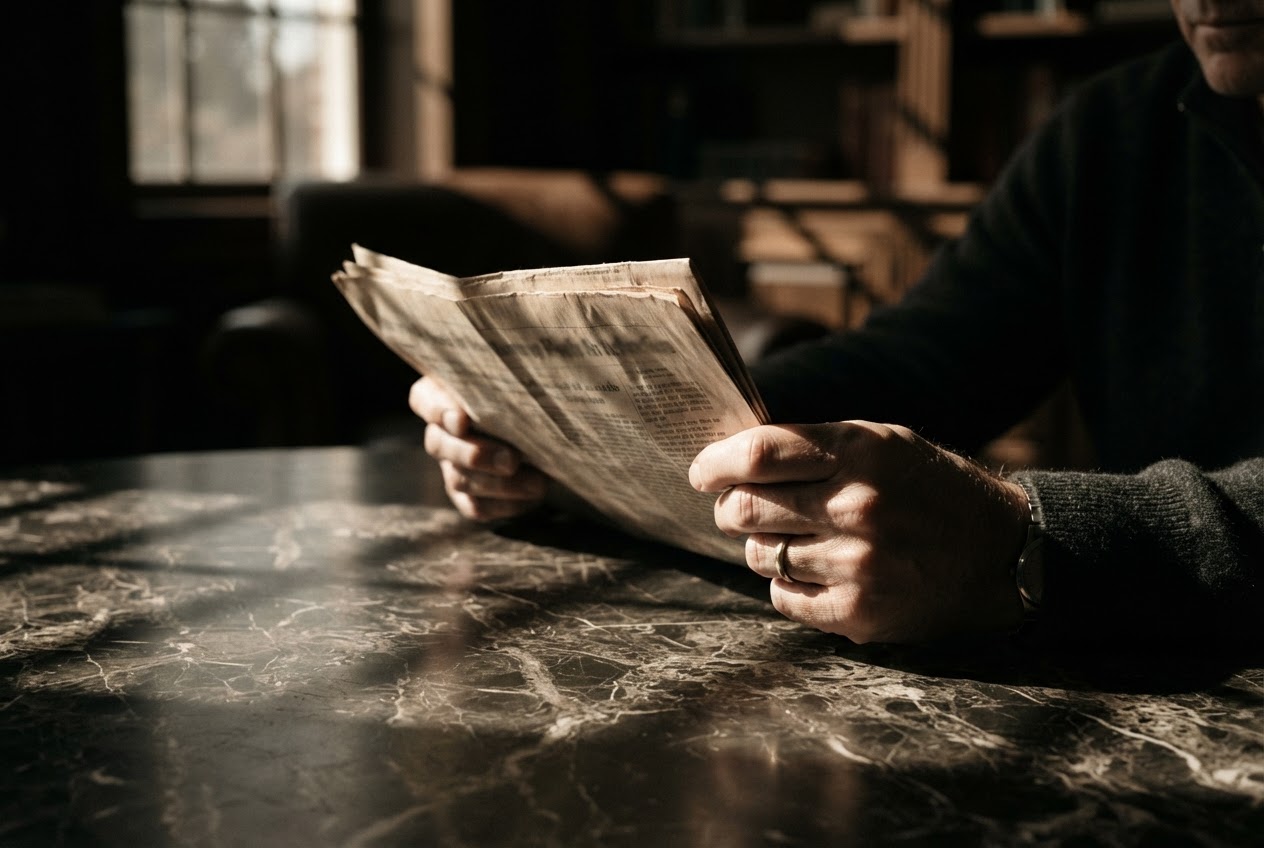 Mãos segurando um jornal sobre mesa de mármore