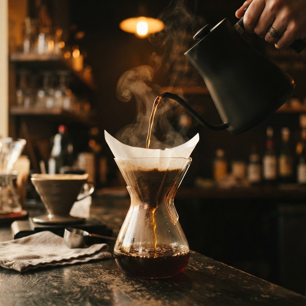 Coffee being poured from a gooseneck kettle