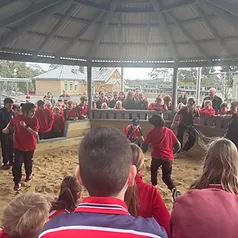 Students gathered around the outdoor sandpit pavilion