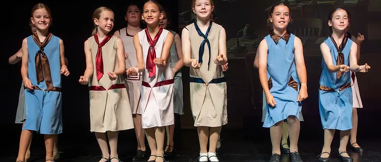 Tap ensemble in 1920s drop-waist dresses performing 'Moses Supposes'