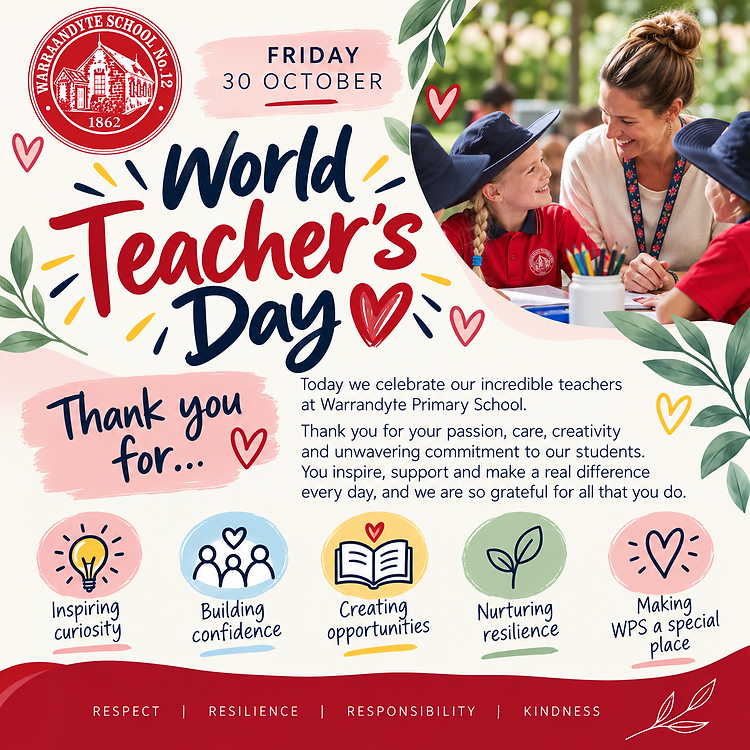 World Teachers' Day, Friday 30 October. Thank you to our teachers at Warrandyte Primary School for your passion, care and creativity. Inspiring curiosity, building confidence, creating opportunities, nurturing resilience, making WPS a special place. Respect, resilience, responsibility, kindness.
