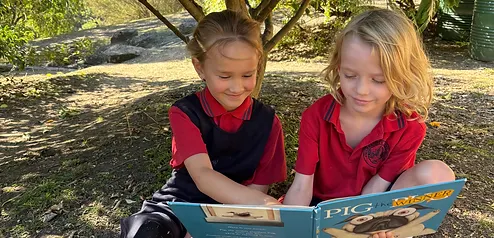 Two students reading a book together under a tree