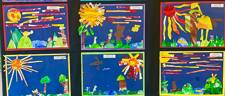 Grid display of student painted-paper collage sun artworks