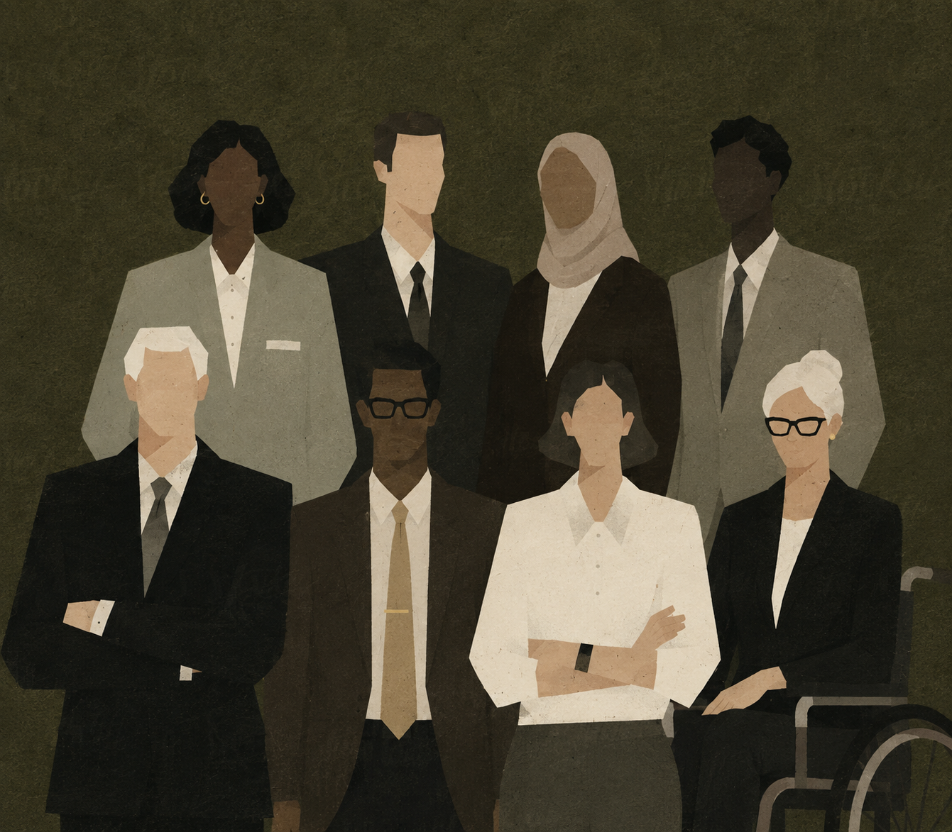 Diverse public-serving professionals across law, health, education, and community services