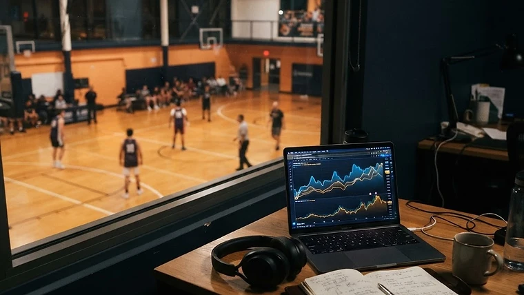 A sports business workspace with analytics on a laptop overlooking an arena court