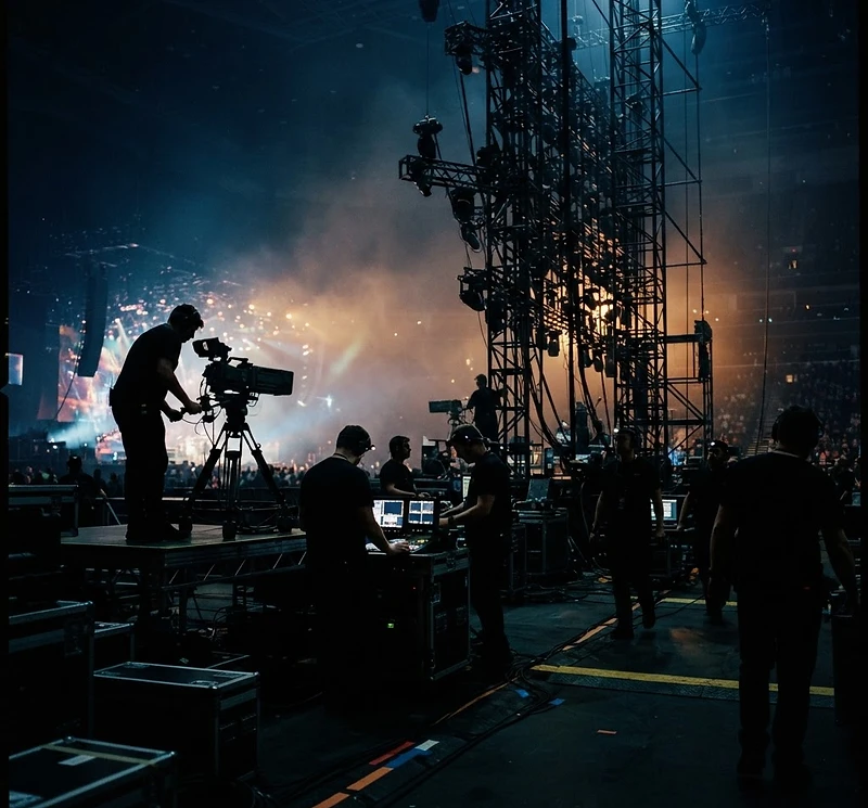 Live event production lighting and broadcast equipment inside an arena