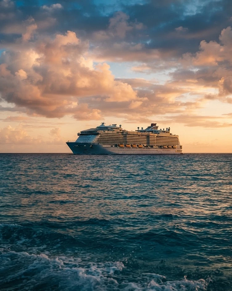 A cruise ship crossing open Caribbean water at golden hour