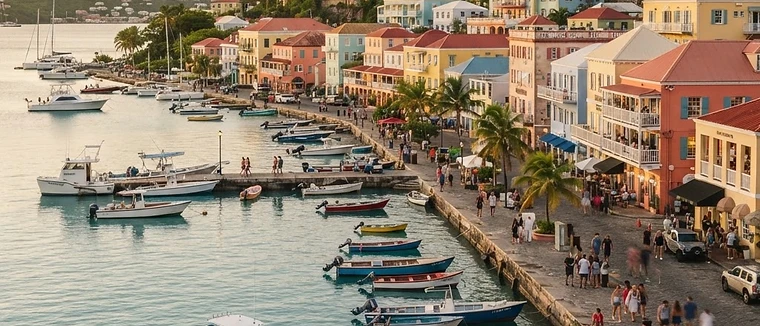 A colorful Caribbean harbor town waterfront at golden hour