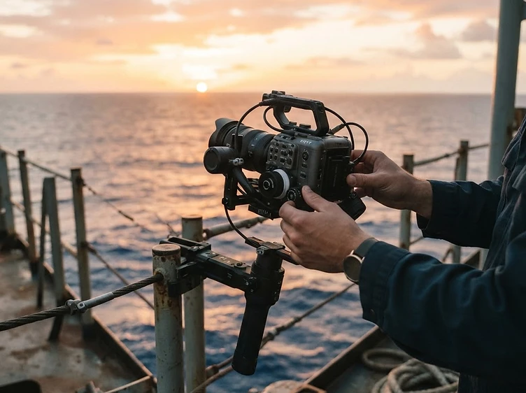 Student media production: a professional camera rig on a ship deck at sunset