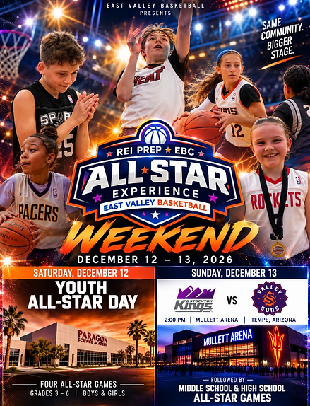 All-Star III Weekend poster — December 12–13, 2026: Youth All-Star Day at Paragon Science Academy and Stockton Kings vs. Valley Suns at Mullet Arena