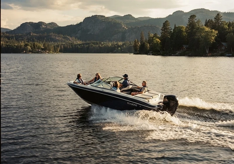 Bowrider boat on the water with visible wake