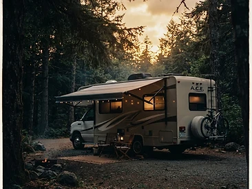 Class C motorhome at a campsite at sunset