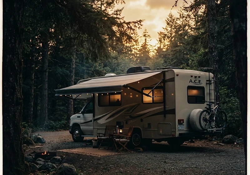Class C motorhome at a campsite at sunset