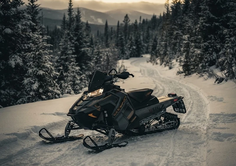 Snowmobile parked on a snowy trail