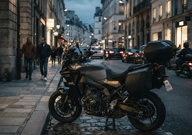 Touring motorcycle parked, dynamic low angle