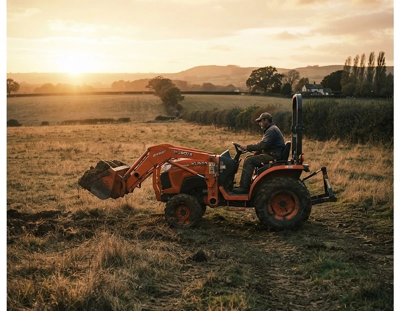 Compact tractor with front loader in a field