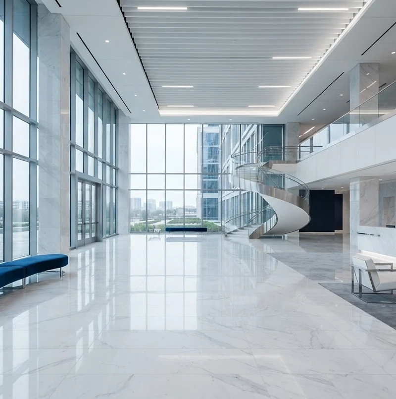 Lobby corporativo impecable con superficies de cristal y mármol