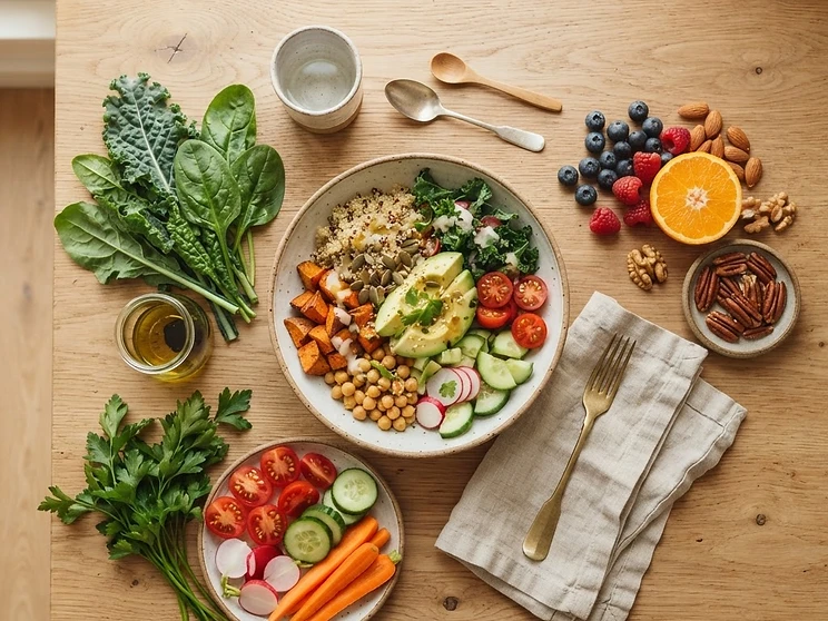 Fresh, colourful whole foods and a balanced meal — practical nutrition guidance