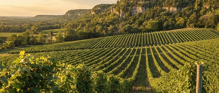 A view of rolling vineyards along a wooded escarpment in the Niagara Region region of Ontario, where Welland is located.