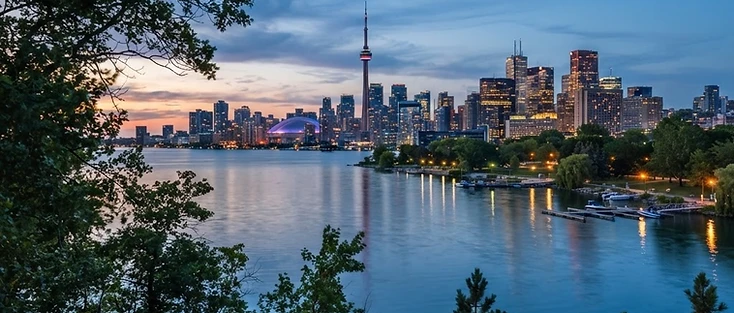 A view of a Great Lakes city skyline along the waterfront in the Greater Toronto Area region of Ontario, where Markham is located.