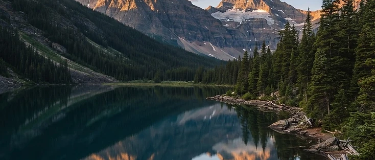 A view of forested mountain peaks above a still lake in the Kootenays region of British Columbia, where Trail is located.
