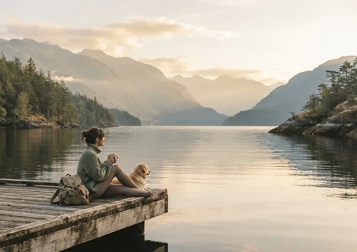 A serene sunlit landscape in British Columbia, evoking calm and home