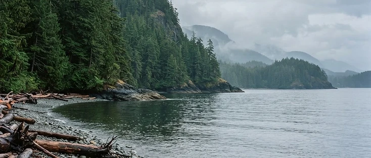 A view of a rugged Pacific coastline with evergreen forest in the Vancouver Island region of British Columbia, where Cedar is located.