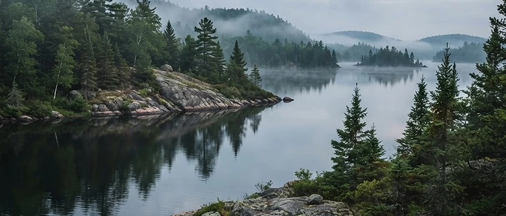 A view of a calm boreal lake with a rocky pine shoreline in the Northern Ontario region of Ontario, where Moosonee is located.