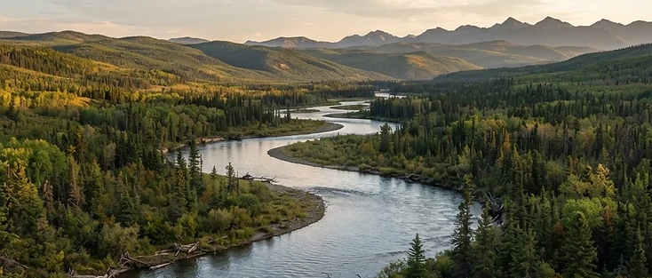 A view of a dry interior river valley with rolling hills in the Thompson-Nicola region of British Columbia, where Sicamous is located.