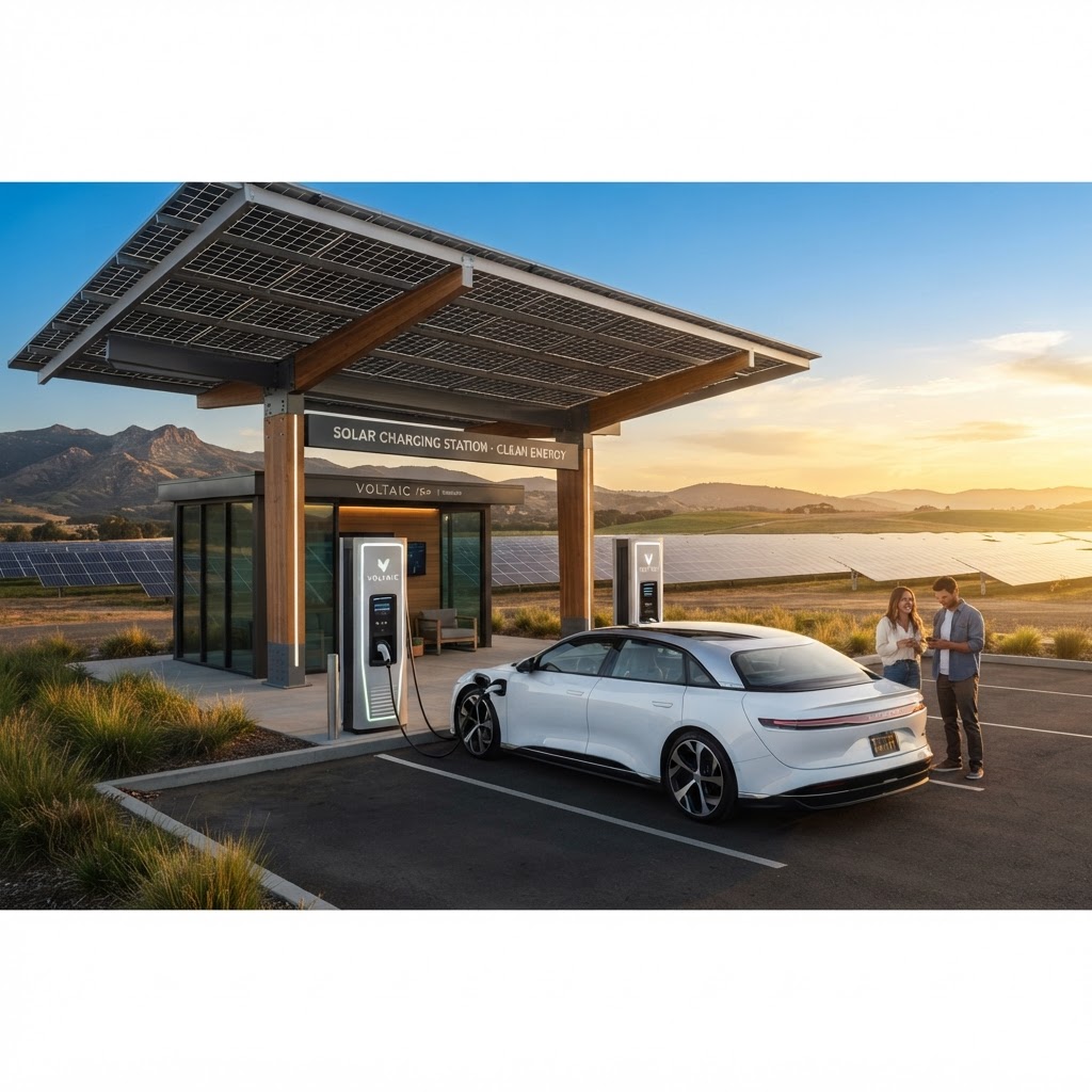 Electric vehicle charging at a solar-powered station — Prime Voltaris Energy Solutions