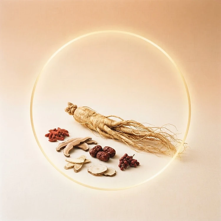 Ginseng and botanical ingredients arranged on a warm peach background