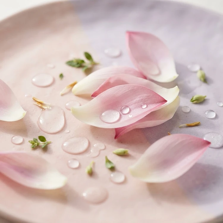 Botanical extracts and translucent gel texture on a soft blush surface