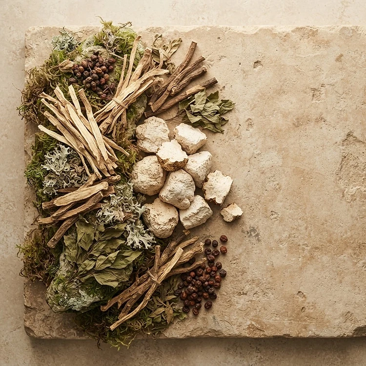 Traditional Chinese botanical ingredients on warm stone