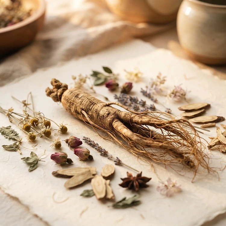 Ginseng and botanical ingredients on a cream surface