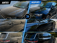 Black SUV covered in dust before and completely clean after detailing by 213 Luis Mobile Detailing