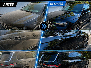 Black SUV covered in dust before and completely clean after detailing by 213 Luis Mobile Detailing